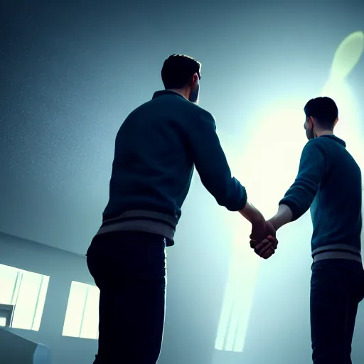 Prompt: two man giving a handshake and petting each other on the shoulder ultra realistic, lens flare, atmosphere, glow, detailed, intricate, full of colour, cinematic lighting, trending on artstation, 4 k, hyperrealistic, focused, extreme details, unreal engine 5, cinematic, masterpiece, ultra realistic, hyper realistic, highly detailed, sharp focus, digital art