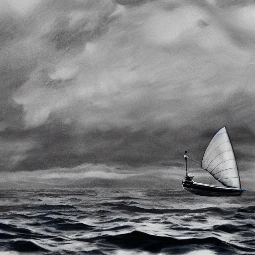 Prompt: newt gingrish sailing on a sailbot, in the style of robert adams, wide shot, 1 6 mm, hyperrealistic, stormy seas, 8 k