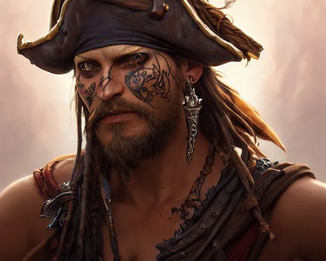 Image similar to close up of a pirate with scars and a face tattoo, deep focus, d & d, fantasy, intricate, elegant, highly detailed, digital painting, artstation, concept art, matte, sharp focus, illustration, hearthstone, art by artgerm and greg rutkowski and alphonse mucha