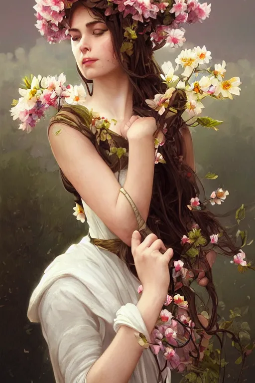 Image similar to ultra realistic illustration, spanish girl with flowers blossoming from helmet, elegant, highly detailed, digital painting, concept art, smooth, sharp focus, illustration, art by artgerm and greg rutkowski and alphonse mucha