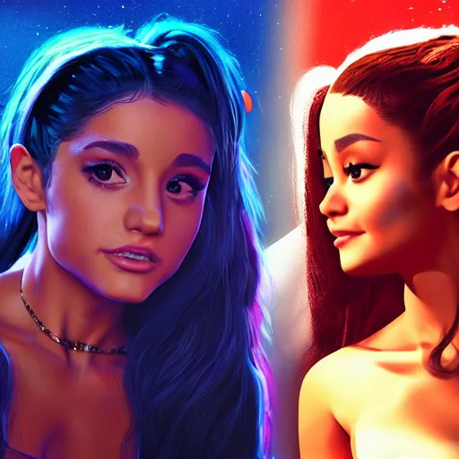 Prompt: A hyper real comic book style portait painting of Ariana Grande meeting Michael Jackson on the moon, unreal 5, hyperrealistic, octane render, cosplay, RPG portrait, dynamic lighting