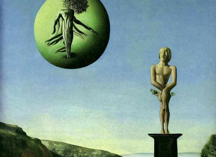 Image similar to non - euclidean pagan ancient god statue on a spherical tree by salvadore dali and rene magritte