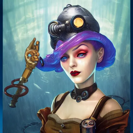 Prompt: lofi underwater bioshock steampunk portrait of Jinx from league of legends, Pixar style, by Tristan Eaton Stanley Artgerm and Tom Bagshaw.