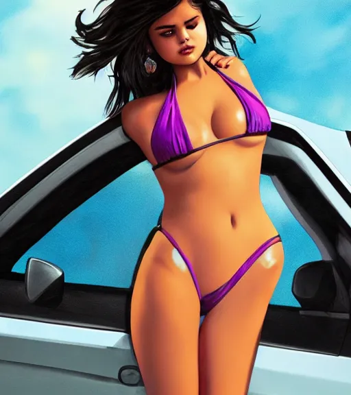 Prompt: thicc Selena Gomez leaning in a car wearing a bikini, intricate big bust, elegant, highly detailed, digital photo, artstation, concept art, smooth, sharp focus, illustration, ue5, photo