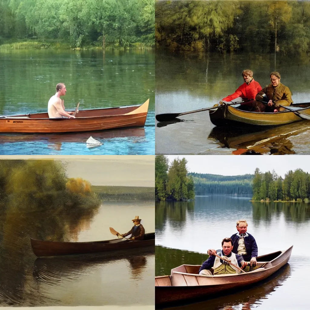 Prompt: two men in a wooden rowing boat on a lake in Sweden in the style of Anders Zorn