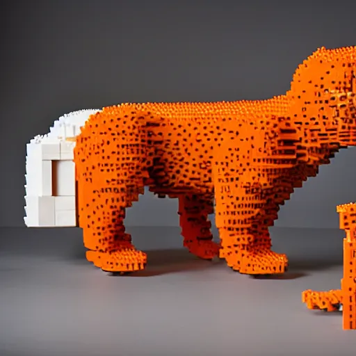 Image similar to 1 0, 0 0 0 piece lego sculpture by a master builder of a smiling orange cat with a big head and white face walking upright, scratch. mit. edu, product photography, studio lighting