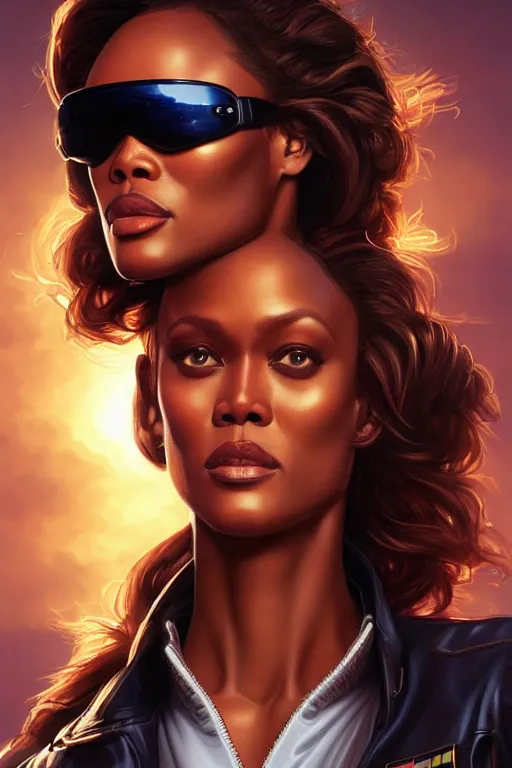 Image similar to tyra banks in the movie top gun, realistic portrait, symmetrical, highly detailed, digital painting, artstation, concept art, smooth, sharp focus, illustration, cinematic lighting, art by artgerm and greg rutkowski and alphonse mucha