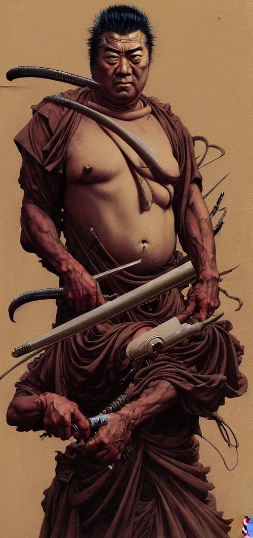 Image similar to portrait of zatoichi in the style of wayne barlowe, gustav moreau, peter mohrbacher, bussiere, roberto ferri, santiago caruso, luis ricardo falero, austin osman spare, boris vallejo, hajime sorayama