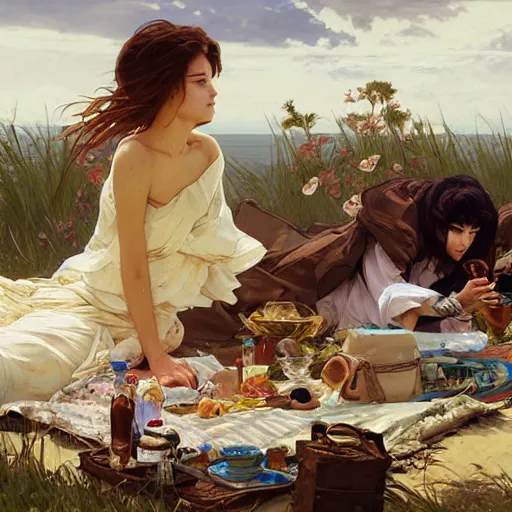 Prompt: a picnic on the beach by by tsuyoshi nagano, greg rutkowski, artgerm, alphonse mucha