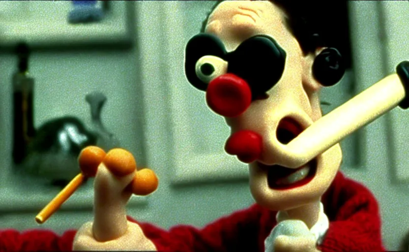 Prompt: Wallace smoking crack from a crack pipe in a still from the short movie A Grand Day Out (1989), crack cocaine, Wallace and Gromit, Aardman Animations, claymation, 4k, high quality