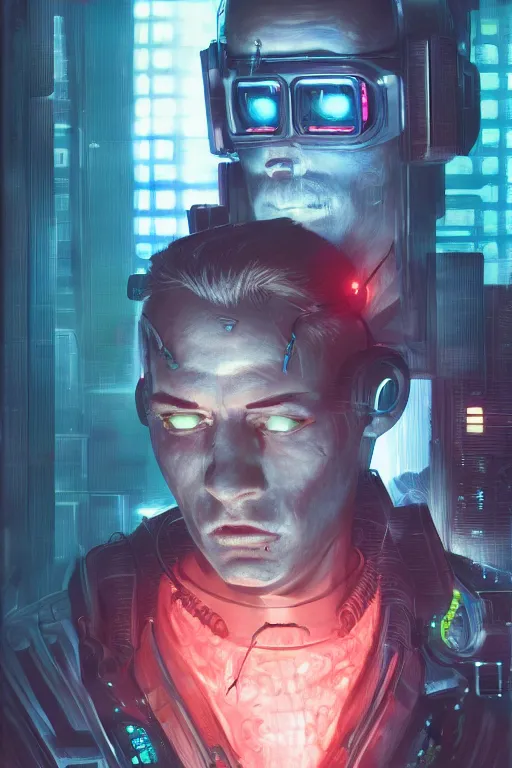 Image similar to illustration of an male cyberpunk character wearing bionic implants, criminal mugshot, highly detailed, oil on canvas, soft lighting, neon pastel colors, by WLOP and Greg Staples, HD, 4K