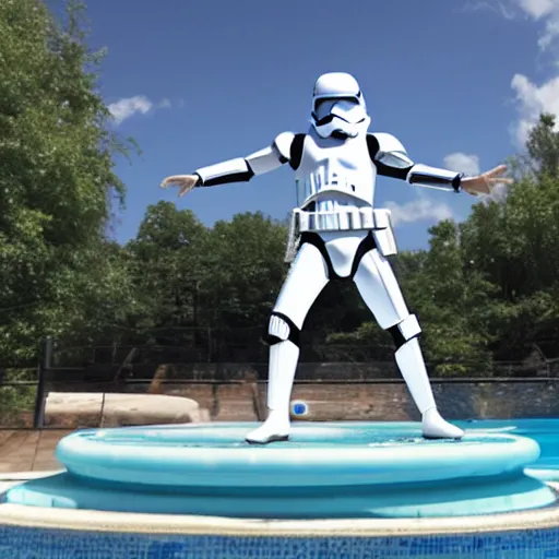 Prompt: storm trooper standing on diving board of olympic sized pool