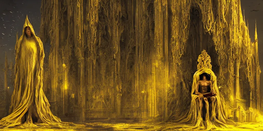 Image similar to a tall towering huge pale human wearing a yellow garment sitting upon an ornate stone throne, 4K, digital art, lovecraftian, lovecraft art, artstation, horror, dramatic, wearing a long yellow rotting garment, dark, hyperrealistic, dramatic perspective, complex (((dark))) cathedral background, dark background, highlights,