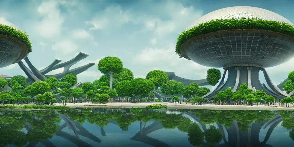 Image similar to expo 6 7 pavillion, solarpunk, studio ghibli, jean - baptiste monge, octane render, 4 k, symmetry