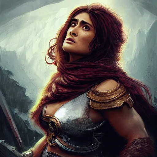 Image similar to portrait, Salma Hayek , barbarian , face portrait, raphael lacoste, eddie mendoza, alex ross, concept art, matte painting, highly detailed, rule of thirds, dynamic lighting, cinematic, detailed, denoised, centred