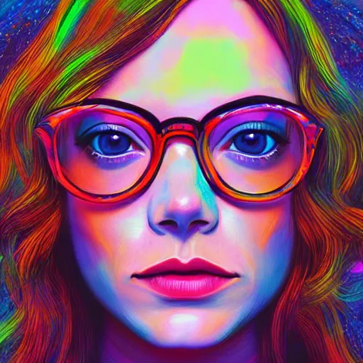 Prompt: Emma Stone with glasses swimming in chromatic distortions in misty mysterious place, beautiful, psychedelic, lsd, trending on artstation, omnious, soft, artwork by Tran, Ross