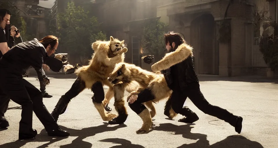 Prompt: still of nicolas cage beating up furry cosplayers, 4 k, 3 5 mm, choreographed fight scene, beautiful composition, shot by director park chan - wook