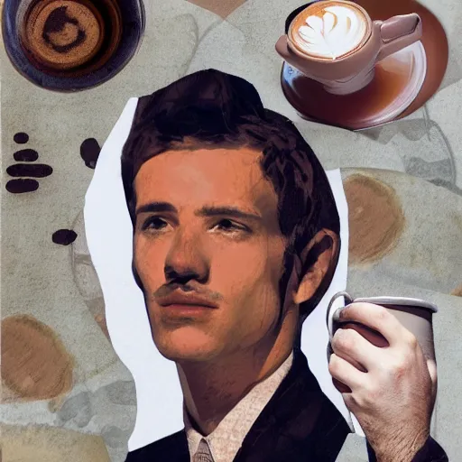 Image similar to collage, sleepy worker man face, fashion model, a cup of coffee, matte, oil painting