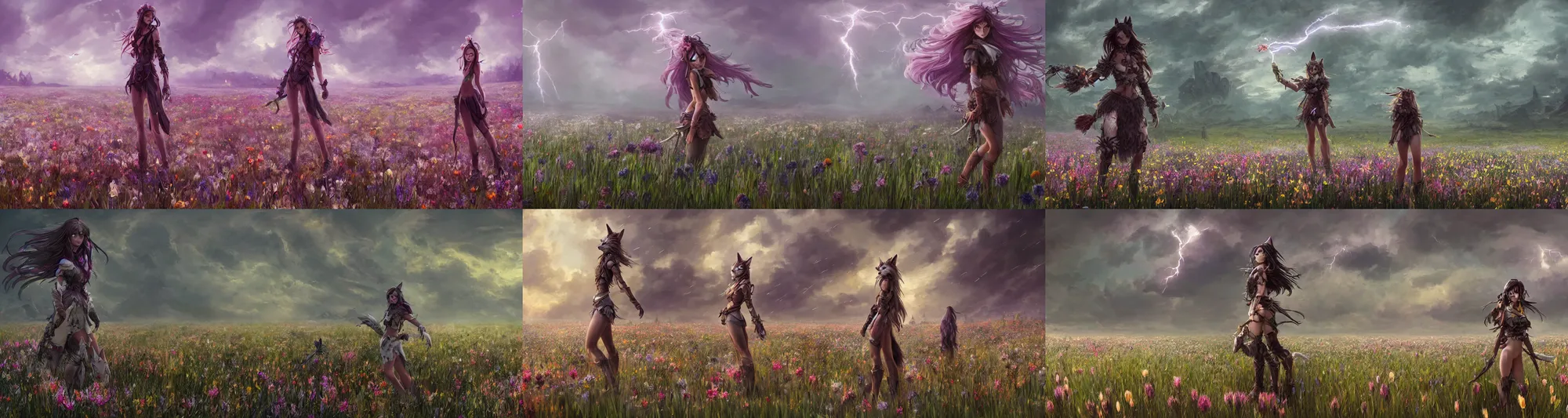 Prompt: A high fantasy wolf girl standing in the middle of the field of flowers, by Eddie Mendoza, widescreen shot, panorama, official media, beautiful, detailed, high quality, wallpaper 4K, epic, trending on artstation and behance, dynamic lightning