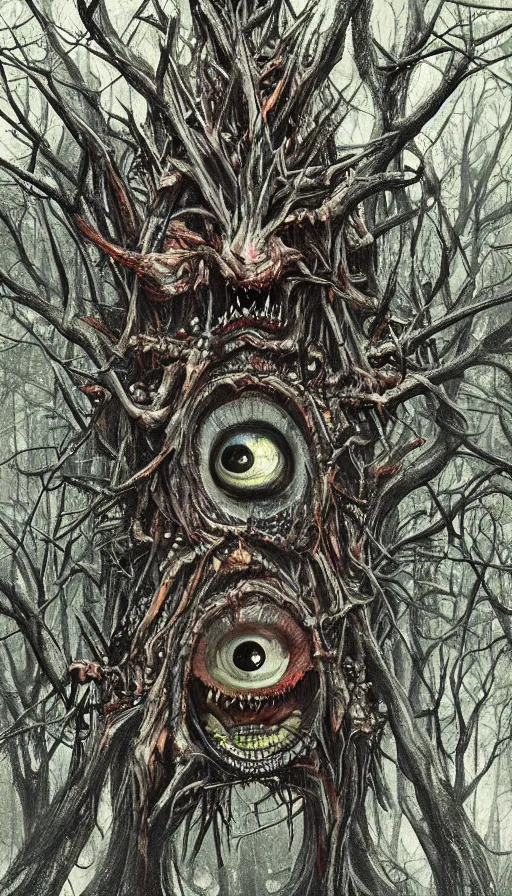 Prompt: a storm vortex made of many demonic eyes and teeth over a forest, by sam spratt