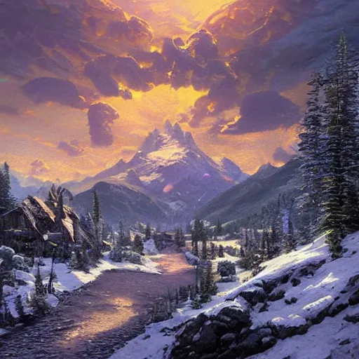 Prompt: skyrim mountains art by thomas kinkade