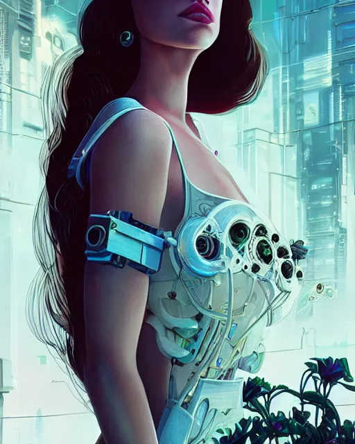 Image similar to portrait of lana del rey as a cyberpunk cyborg. roses, sci - fi, missing panels, intricate abstract upper body intricate artwork, by tooth wu, wlop, beeple, dan mumford. concept art, octane render, deviantart, greg rutkowski, cinematic, key art, hyperrealism, iridescent accents