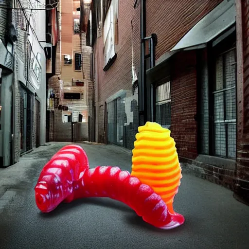 Image similar to a futuristic robotic gummi worm. dramatic product lighting. it's a gummi with extra juiciness. but it's also a worm. ick. trendy food truck in a moody alleyway. digital art, art film.