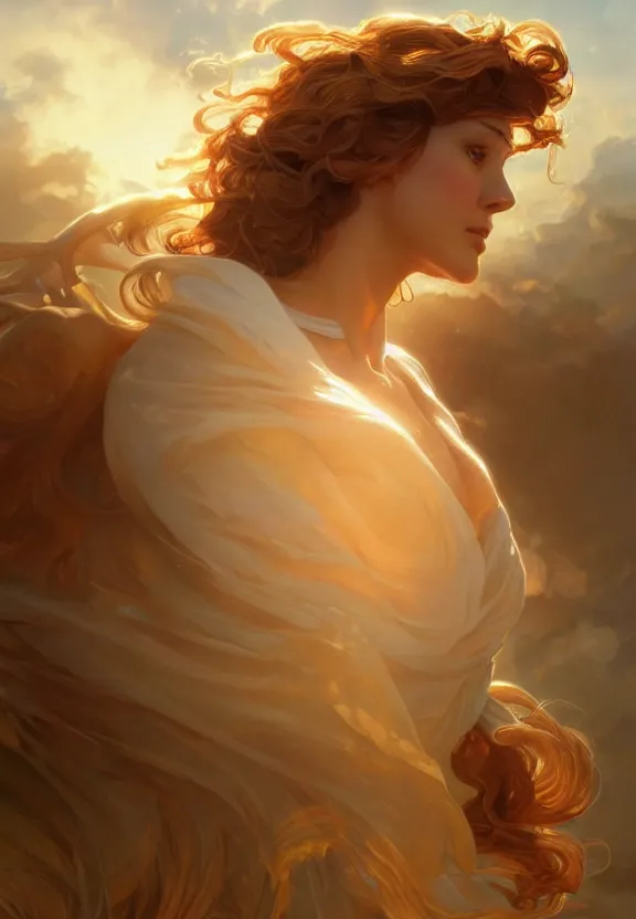 Image similar to Circe, posing heroically, heavenly sunlit clouds background, close-up shot, elegant, digital painting, golden hour, cinematic, epic, trending on artstation, concept art, smooth, sharp focus, illustration, art by artgerm and Greg Rutkowski and Alphonse Mucha