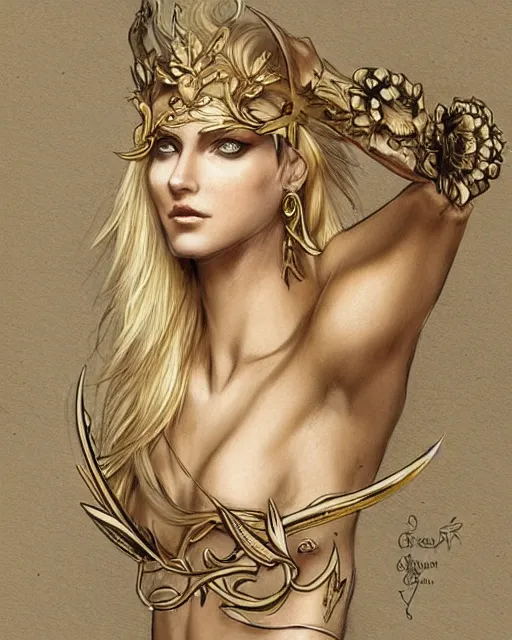 Image similar to tattoo design sketch of cute beautiful blonde super model as aphrodite greek goddess wearing a gold laurel wreath and triangle earrings, beautiful piercing gaze with sharp pupils, in the style of greg rutkowski, fantasy, amazing detail, epic, elegant, smooth, sharp focus, front view