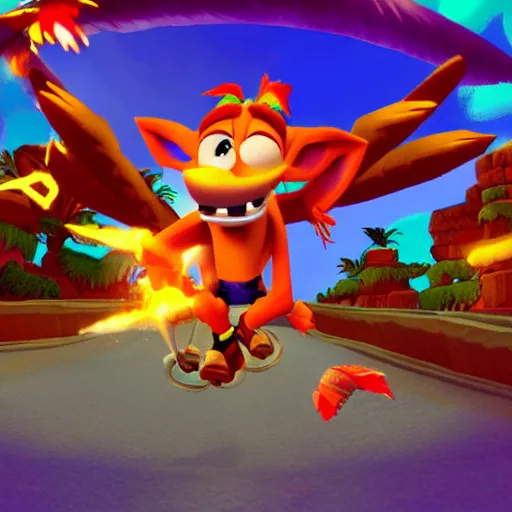 Prompt: crash bandicoot riding a pegasus through a ring of fire