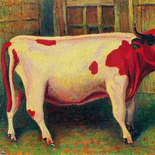 Prompt: a painting in the style of Maximilien Luce of a cow wearing a bloody apron and butchering a human