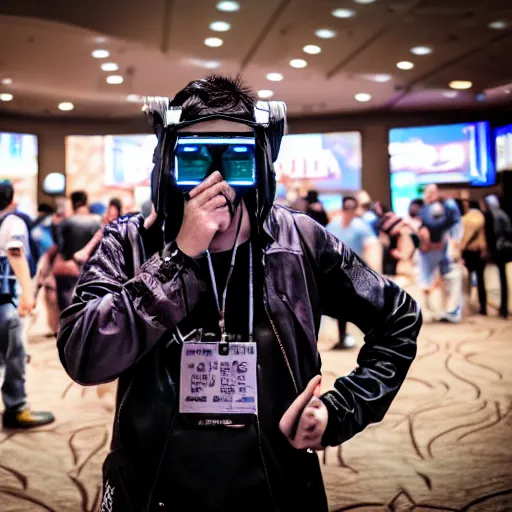 Prompt: A cyberpunk guy at the DEF CON conference in Las Vegas