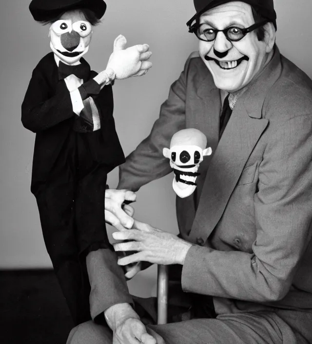 Image similar to hyper realistic old 1 9 8 0 photography of lunatic mad smiling ventriloquist old man with terrific haunted smiling puppet