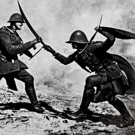 Image similar to vintage photograph of sauron fighting in ww 1