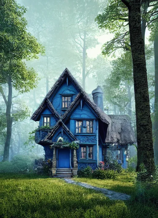 Image similar to hyper realistic homely ornate witch cottage architectural, in the woods gorgeous lighting, blue sky, highly detailed, lush forest architectural render, octane render, ue 5 raytraced