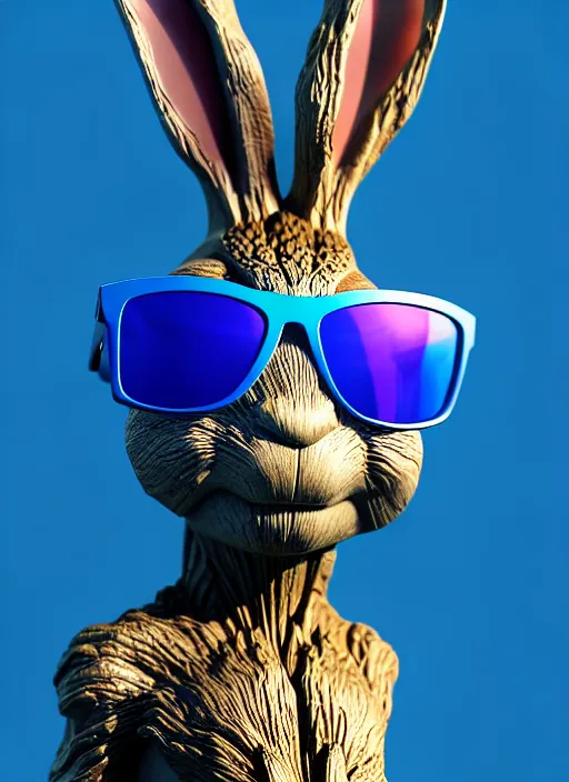 Prompt: rabbit groot as marble statue with sunglasses, blue sunglasses, in red background, soft blue texture, blue realistic 3 d render, high blue lights, 4 k, high detailed photography, 5 0 mm lens, rich blue colors, smooth gradients, depth of field, cinematic, hyper realism, high detail, octane render, unreal engine, 8 k, blue cape