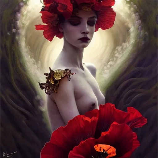 Prompt: young poppy queen, unique non conventional beauty, surreal, fantasy, intricate, elegant, dramatic lighting, emotionally evoking symbolic metaphor, highly detailed, lifelike, photorealistic, digital painting, artstation, concept art, smooth, sharp focus, illustration, art by Krenz Cushart and Artem Demura and Alphonse Mucha and Albert Aublet