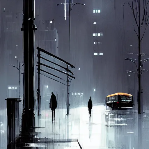 Image similar to dark city bus stop, by Pascal Campion,very detailed,ArtStation