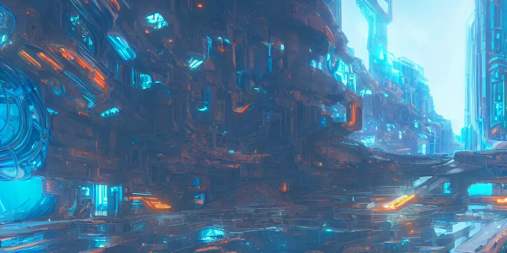 Image similar to Atlantis, cyberpunk, extra detailed, digital art, trending on artstation and unreal engine, 8k, orange and blue tones only