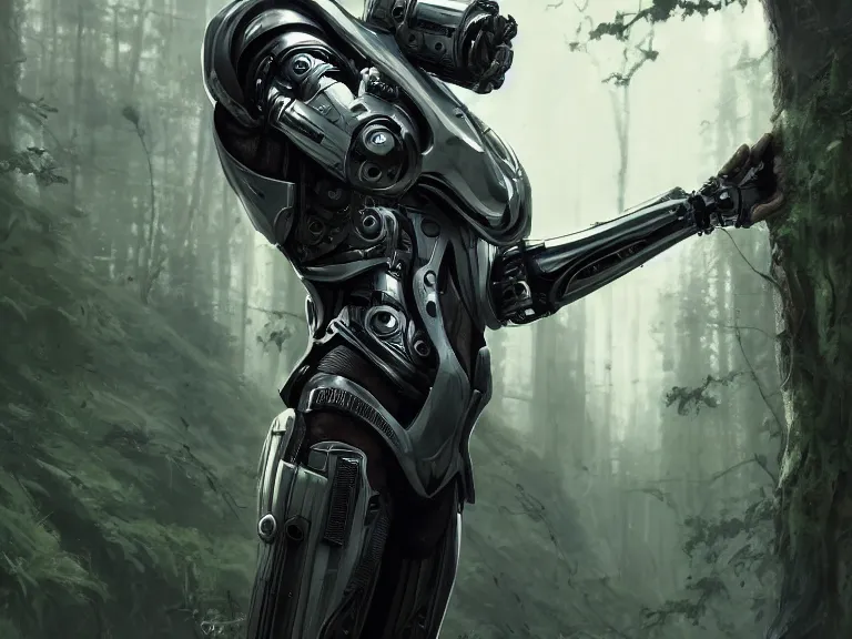 Image similar to cinematic wide portrait of cyborg wearing a sci - fi silver exoskeleton, rule of thirds, action pose, beautiful forest landscape in background, fantasy, sci - fi, cyberpunk - style, artgerm and greg rutkowski, 8 k, octane, intricately detailed, highly detailed, trending on artstation