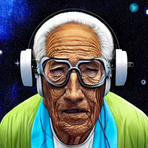 Image similar to an elderly wise man in the cosmos wearing vr headsets, digital art, detailed