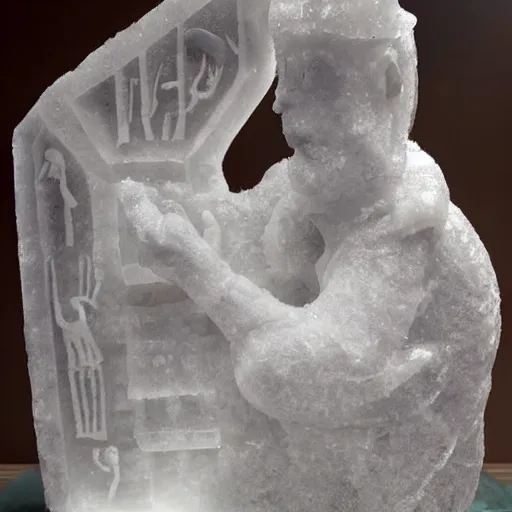 Prompt: ice carving of fred flintstone talking to a hamster, drone, in the style of ancient egyptian art, epic, natural