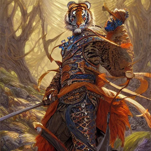 Image similar to Swordman with the head of a tiger wearing an ornate cloak as a fantasy D&D character, portrait art by Donato Giancola and James Gurney, digital art, trending on artstation