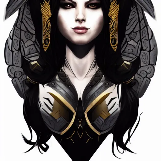 Prompt: tattoo design, stencil, half portrait of a beautiful female valkyrie warrior with long black hair. artgerm, concept art, gold and white color scheme, armor, artstation, clear picture, beautiful face, anime, cute, stunning - n 4