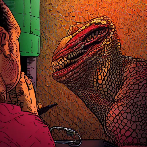 Image similar to portrait of lizard man removing human skin mask by Dan Mumford and Josan Gonzalez, ultra detailed, hyper realism