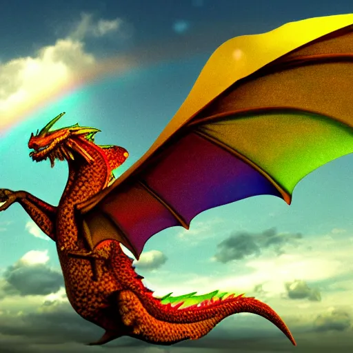 Image similar to a tiny dragon with rainbow colored wings, high resolution film still, 4k, HDR color