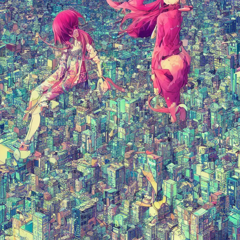 Image similar to a very detailed art of a goddess above a city by inio asano, beeple and james jean, hiroyuki takahashi color scheme, digital art