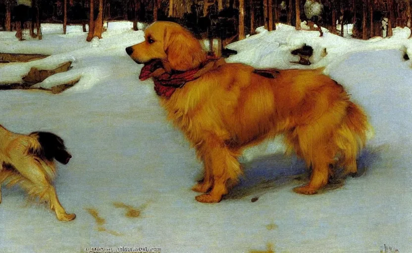 Prompt: a golden retriever walking though Siberia painted by John William Waterhouse