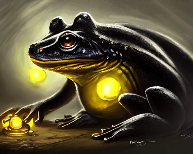 Image similar to black frog with deep big yellow eyes, deep focus, d & d, fantasy, intricate, elegant, highly detailed, digital painting, artstation, concept art, matte, sharp focus, illustration, hearthstone, art by tiger tiger tiger