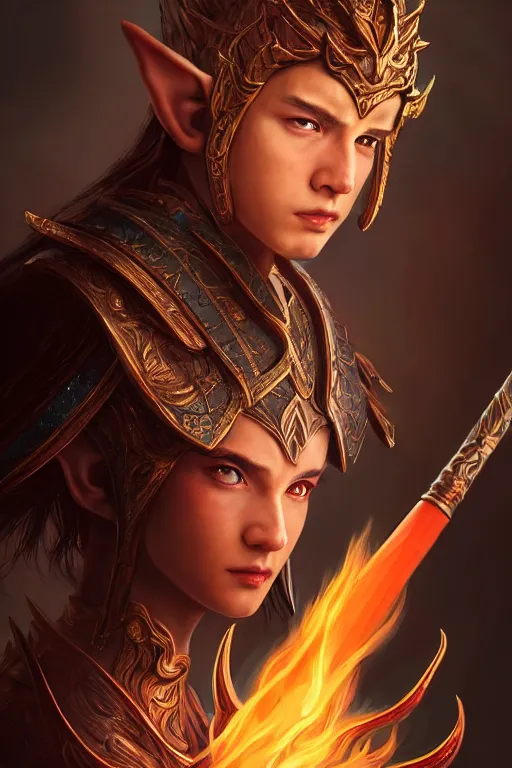 Image similar to a masterpiece portrait of nezha, young elf prince holding spear, flame everywhere, epic pose, fantasy character portrait, closeup shot, hyper detailed, digital painting, 8 k realistic, trending on artstation, sharp focus, dof, by fenghua zhong, artgerm, ne zha from smite, jeff easley, raymond swanland